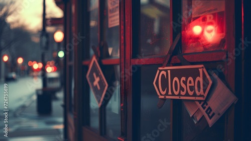 A hanging Closed sign on a shop door at dusk with the soft blur of city lights in the background. 