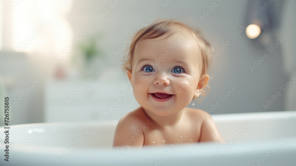 Close up portrait of cute baby trying after wash in bathroom. Healthy hygiene care. Close up portrait of cute baby trying after wash in bathroom. Healthy hygiene care.