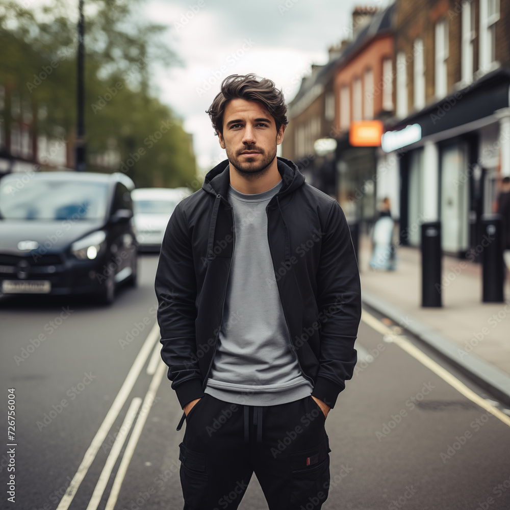 A HD Portrait of a young man with dark hair standing in the Streets of London A HD Portrait of a young man with dark hair standing in the Streets of London