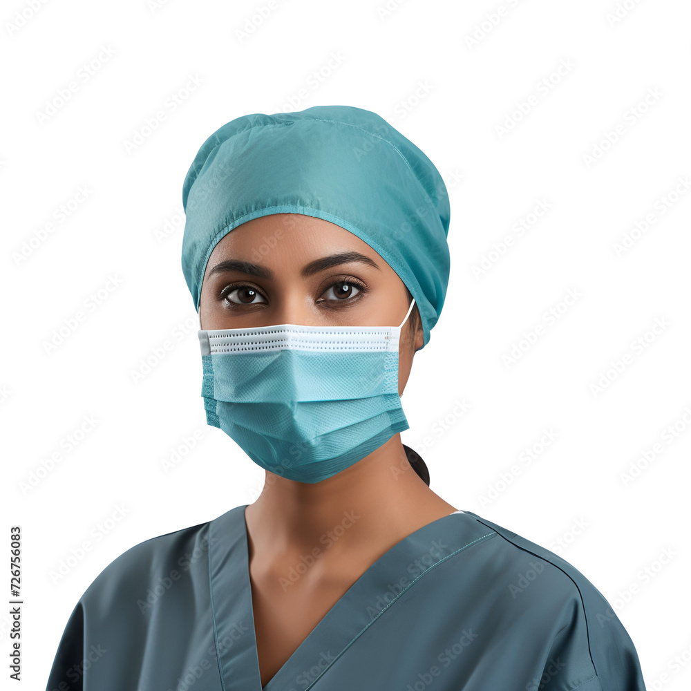Behind the Mask: Close-up Portrait of an Indian Woman, a Medical Professional as a Doctor, Nurse or Surgeon in Scrubs, Isolated on Transparent Background, PNG Behind the Mask: Close-up Portrait of an Indian Woman, a Medical Professional as a Doctor, Nurse or Surgeon in Scrubs, Isolated on Transparent Background, PNG