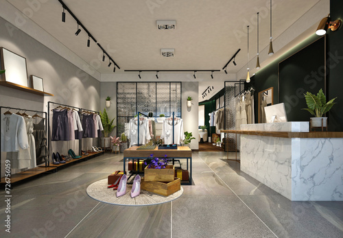 3d render of fashion shop  cloths and jewelry store photo