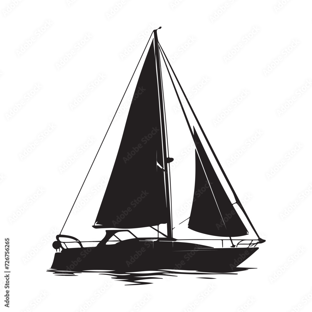 black silhouette of a Sailboat with thick outline side view isolated