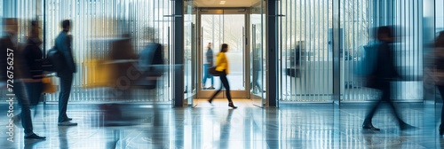 Interior view, Blurred Motion of busy People Walking inside lobby and entrance office.  photo