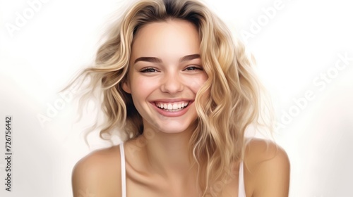 Portrait of beautiful blonde young woman with shaggy hairstyle smiling cheerfully, showing her white teeth to camera while feeling happy on white background