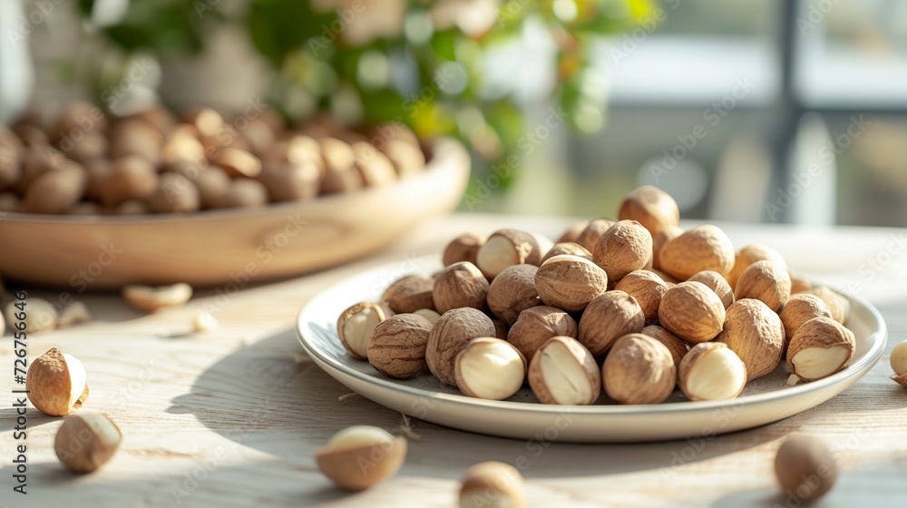 A dish of Macadamia integrifolia, a delicacy known for its premium quality. Nuts, contained in their hard shells, are prized for their crunchy texture and mild flavor. A dish of Macadamia integrifolia, a delicacy known for its premium quality. Nuts, contained in their hard shells, are prized for their crunchy texture and mild flavor.