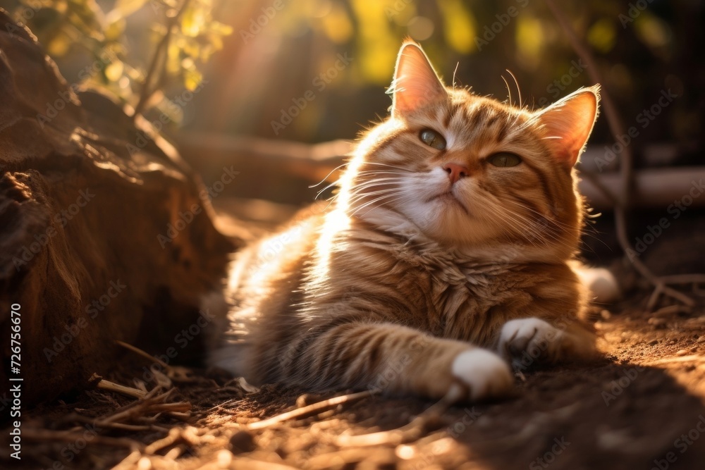 Contented red tabby cat lies on ground and rests in warm golden sunlight Contented red tabby cat lies on ground and rests in warm golden sunlight