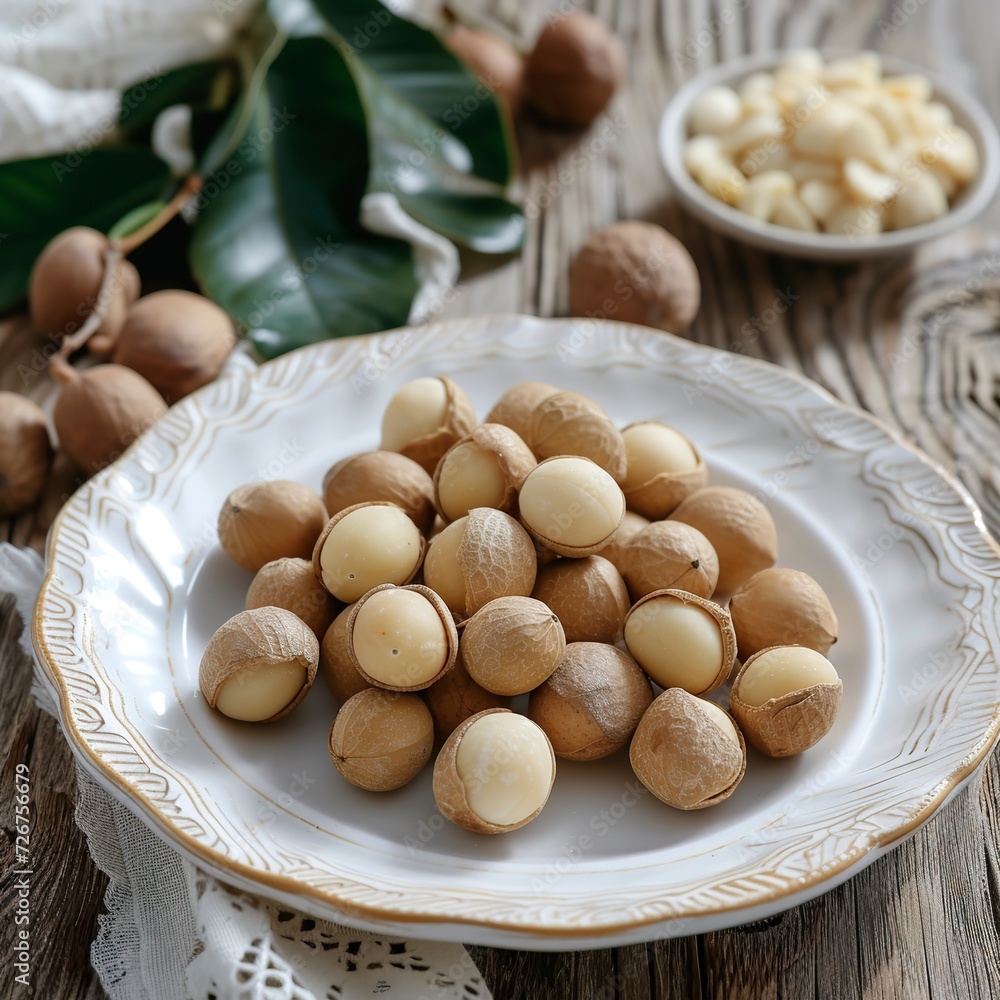 A dish of Macadamia integrifolia, a delicacy known for its premium quality. Nuts, contained in their hard shells, are prized for their crunchy texture and mild flavor. A dish of Macadamia integrifolia, a delicacy known for its premium quality. Nuts, contained in their hard shells, are prized for their crunchy texture and mild flavor.