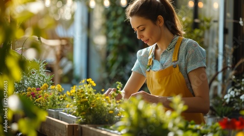 Young woman tending to garden flowers, embodying peacefulness and connection with nature—ideal for lifestyle and hobby themes