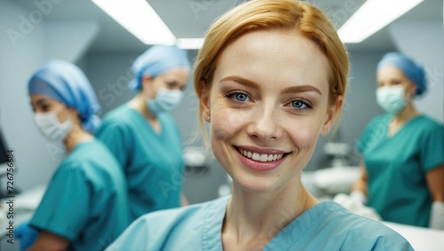 Smiling ginger female surgeon in blue scrubs  with a surgical cap and mask  standing in a hospital with her team.