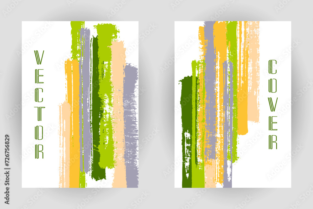 Couple of cover pages with vertical paintbrush stripes pattern. - obrazy, fototapety, plakaty 