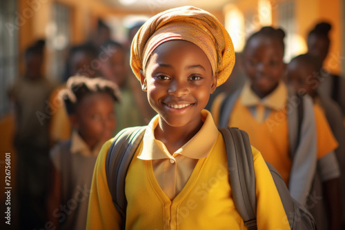 Smiling schoolgirl with classmates in sunlit African classroom, represents hope and education