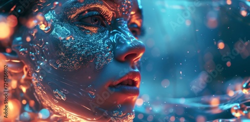 Futuristic woman with neon blue glitter makeup, perfect for sci-fi and fashion themes © Andrei