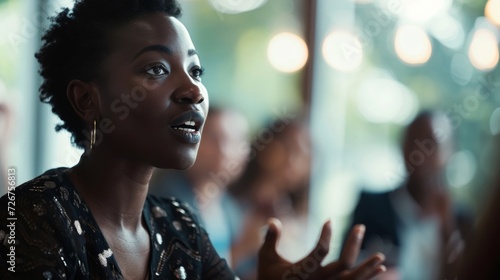 Professional African woman engaging with audience at corporate event