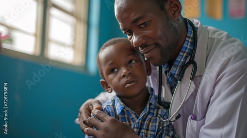 Compassionate Pediatric Care: African Doctor Comforting Young Boy