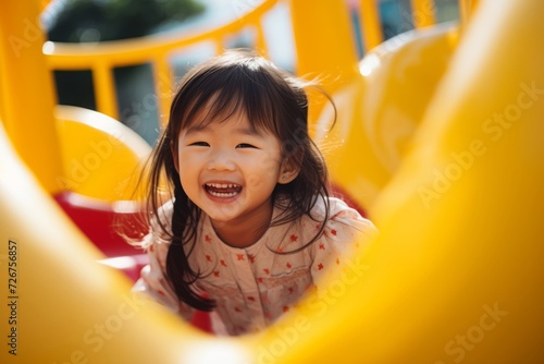 Cheerful young asian girl playing on yellow slide at sunny playground