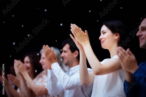 Group of adults clapping joyfully at a festive indoor event, conveying appreciation and excitement