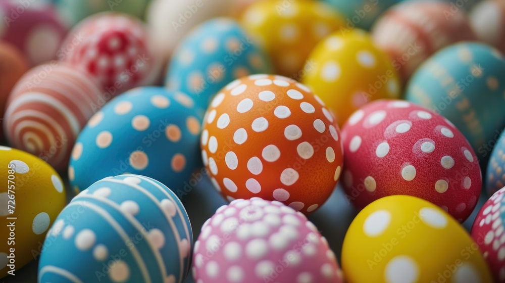  a close up of a bunch of colorful eggs with white polka dots on the top and bottom of the eggs.
