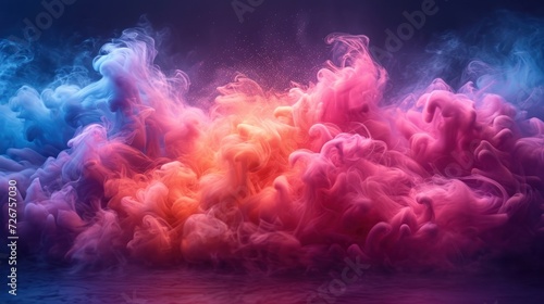  a mixture of colored smoke floating in the air over a body of water with a blue sky in the background.