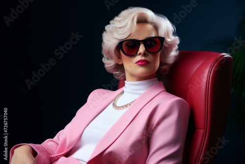 Stylish woman in pink blazer and sunglasses exudes retro glamour and chic confidence, perfect for fashion and lifestyle ads