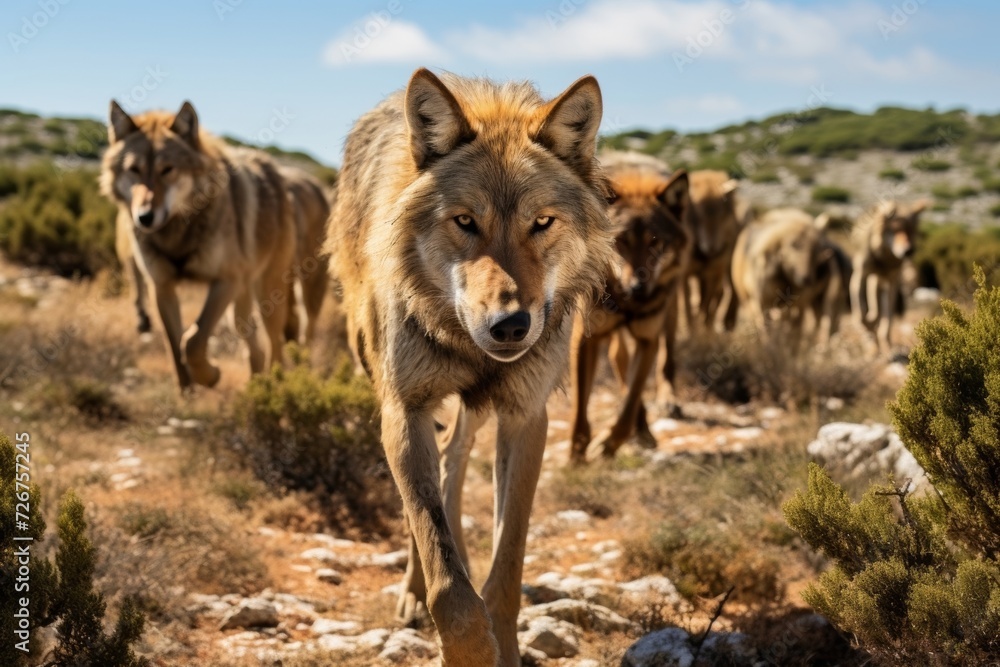 Alpha wolf leading pack in natural habitat Alpha wolf leading pack in natural habitat