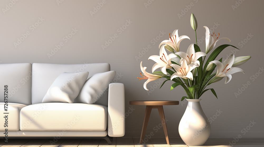 White lilies vase living-room minimalist background image. Simplicity contemporary photo backdrop. Floral decoration interior picture. Minimalist living with flowers concept photography