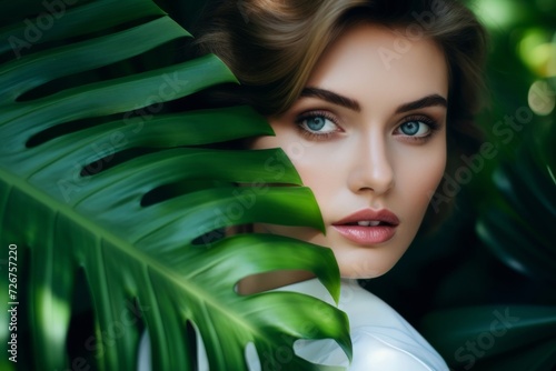 Serene beauty portrait among lush greenery, ideal for wellness and fashion advertising