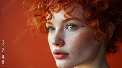 Close-up of a thoughtful redhead woman, embodying natural beauty and intense expression, perfect for fashion and skincare themes