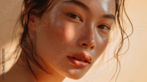 Close-up of a serene Asian woman with glowing skin in warm sunlight, embodying natural beauty and wellness