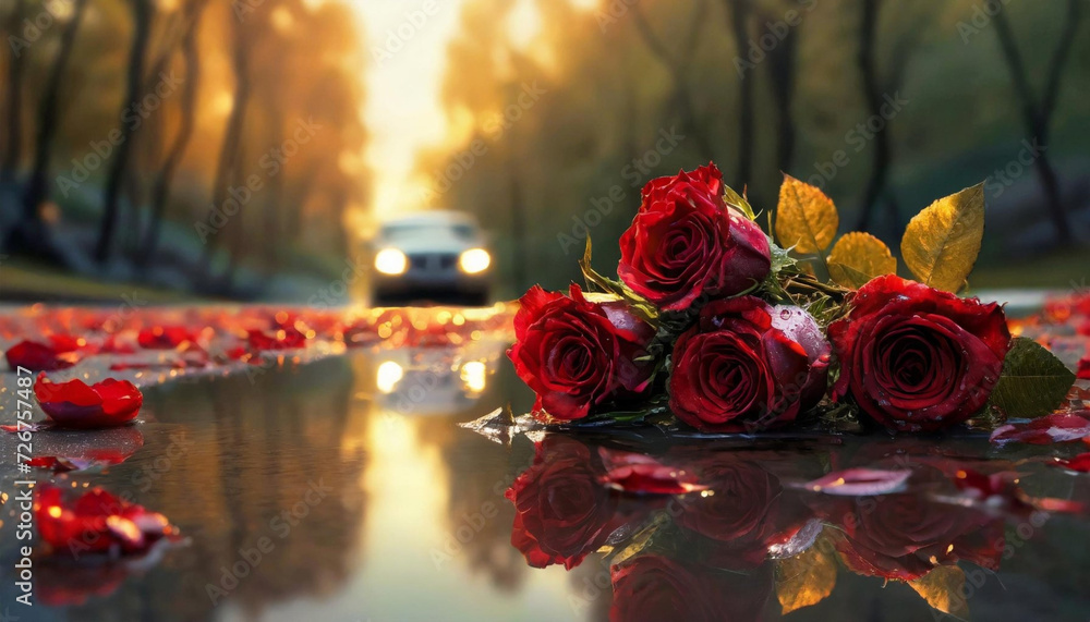 Zimowa aura, bukiet czerwonych róż porzucony na drodze. Generative AI - obrazy, fototapety, plakaty 