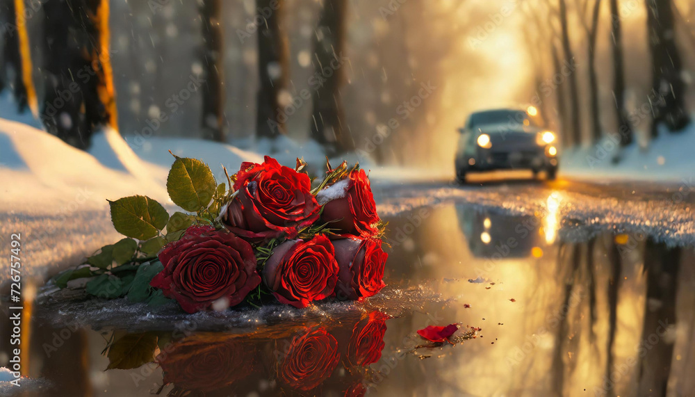 Zimowa aura, bukiet czerwonych róż pozostawiony na drodze. Generative AI - obrazy, fototapety, plakaty 