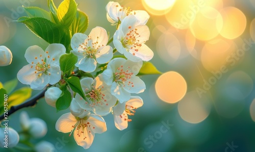 Amidst the blurred hues of spring, a cherry branch stands adorned with blooms