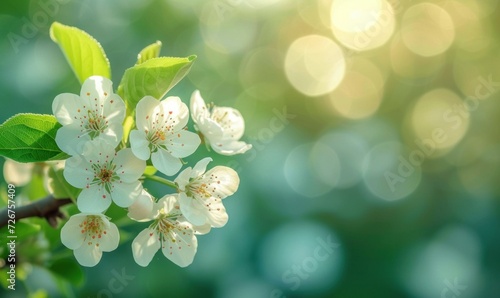 Against a blurred spring scene, a cherry tree branch flourishes with blossoms