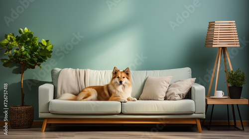 Icelandic sheepdog posing on sofa living room background image. Livingroom cozy photo backdrop. Pet friendly home wallpaper picture. Minimalist domestic lifestyle concept photography