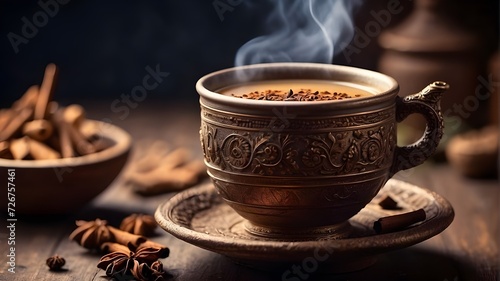 Cup of tea, Soft focus on a porcelain mug filled with aromatic chai tea, hot cup of tea with spices, Soft focus on a porcelain mug filled with aromatic chai tea