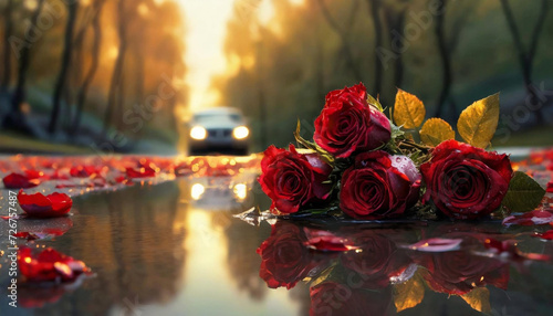 Zimowa aura, bukiet czerwonych róż porzucony na drodze. Generative AI