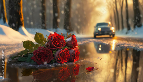 Zimowa aura, bukiet czerwonych róż pozostawiony na drodze. Generative AI photo