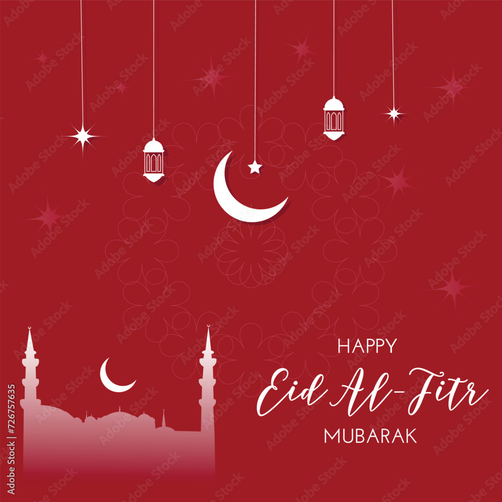 Crescent Islamic with Lanterns and stars for Eid Mubarak, Eid al-Fitr. Ramadan Mubarak card, banner. Golden Half Moon, Lamp, mosque. Vector illustration design