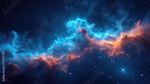 an image of a space scene with stars and a bright blue and red cloud in the middle of the image.
