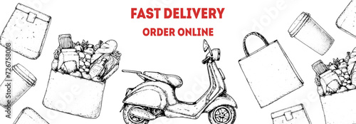 Food Delivery scooter hand drawn sketch. Goods delivery. Vector illustration. Logistics and delivery scooter. Fast delivery of food.