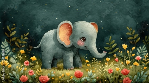  a painting of an elephant in the middle of a field of flowers and plants with a dark sky in the background.