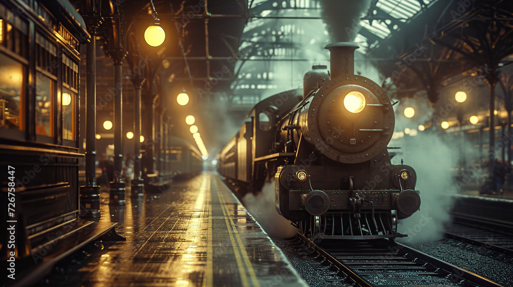 Classic Steam Train Arrival on Misty Railway Platform