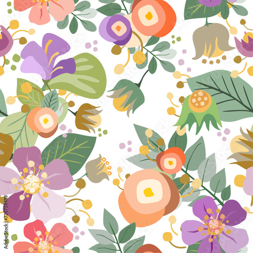 Colorful pastel floral elements vector seamless pattern. Attractive texture art in vintage style for printing on textile  wrapping  packages  apparel  homeware etc. or usage in graphic design.