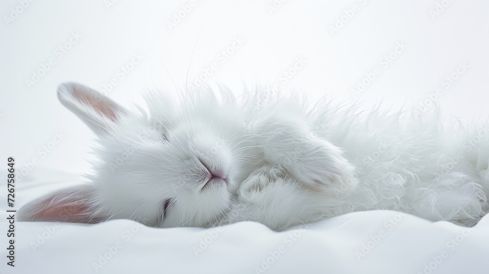  a small white kitten sleeping on top of a bed next to it's head on it's back.