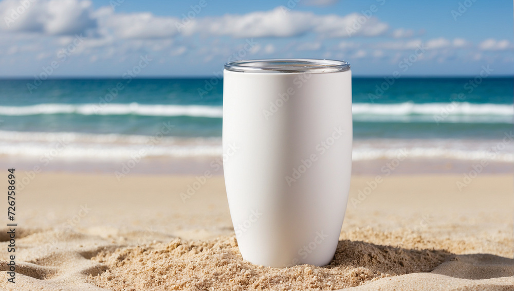 white tumbler on beach sand with beach background white tumbler on beach sand with beach background