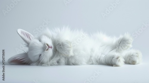  a white fluffy cat laying on its back with its eyes closed and it's head resting on it's back. photo