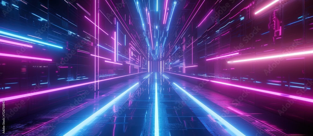 Illustration 3D Futuristic Modern High-Tech Pathway of Neon Blue Purple Glowing Light. AI generated Illustration 3D Futuristic Modern High-Tech Pathway of Neon Blue Purple Glowing Light. AI generated