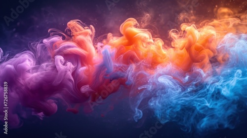  a group of colored smokes floating in the air on a black background with a blue sky in the background. © Anna