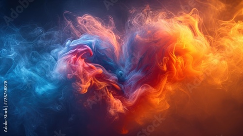  colorful smoke in the shape of a heart on a black background with a red, orange, and blue smoke trail.
