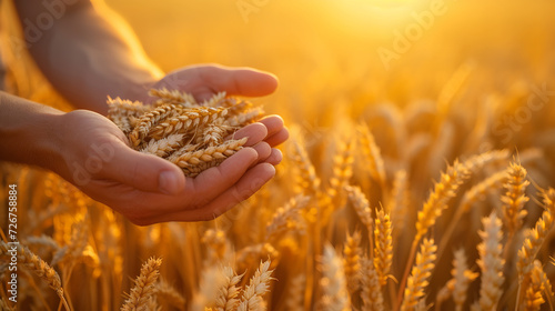 A man holds golden ears of wheat against the background of a ripening field © Nate