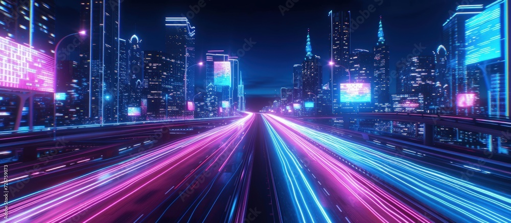 Futuristic cyberpunk sci fi downtown city street at night with neon blue and pink. AI generated